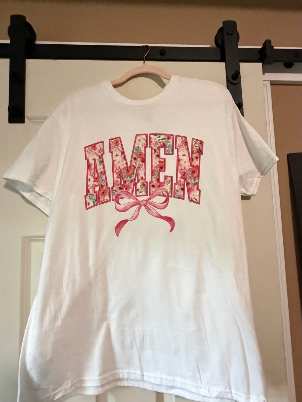 Gildan White Short Sleeve Tee with Pink Floral AMEN Graphic